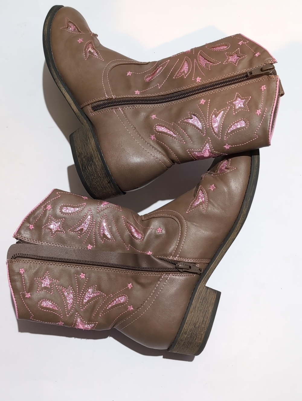 Women Brown Western Ankle Boots with Pink Star Embroidery